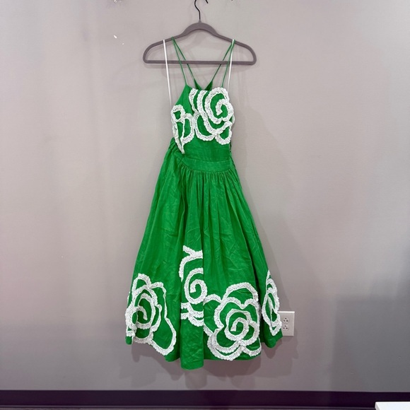 Hope For Flowers by Tracy Reese Dress Linen Appliqué Midi in Green - Picture 4 of 8